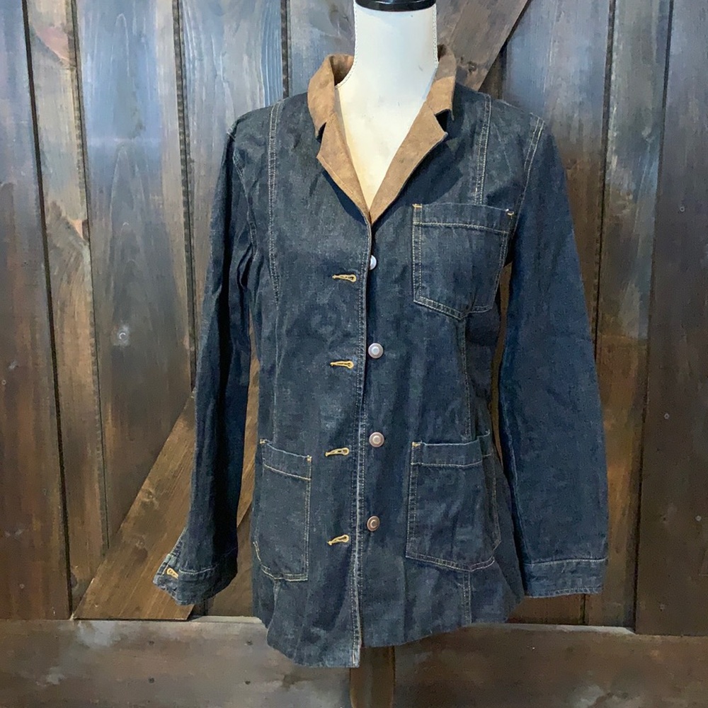 SPANNER extra long jean jacket with a suede like collar